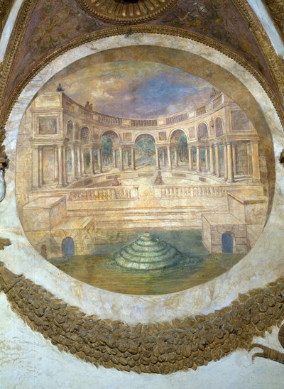 Scène die laat zien dat degenen die geboren zijn onder het teken Boogschutter in combinatie met het sterrenbeeld Arcturus de neiging hebben om bewakers van koninklijke gebouwen te worden, gesymboliseerd door een paleis door Giulio Romano